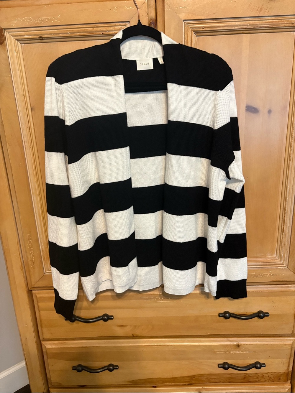 Cyrus Women’s XL Black White Striped Open Front Knit Cardigan Sweater